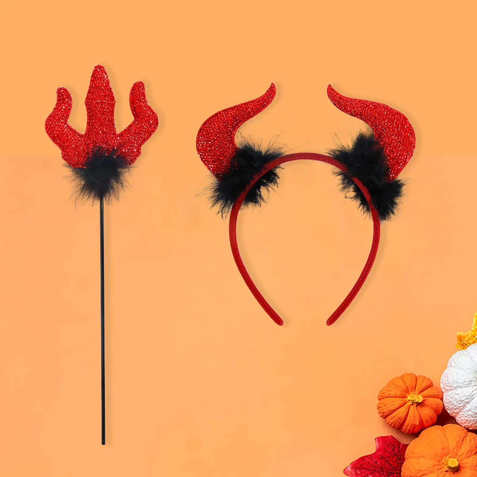 ‌Red Devil Costume Set Halloween Party Accessory Horn Headband Trident Cane Scary Cosplay Outfit for Adults Kids