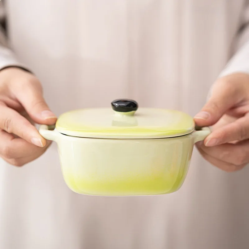 

Stew pot ceramic soup bowl with lid amphora roasting bowl steamed egg bowl household stew jar simple macaron color
