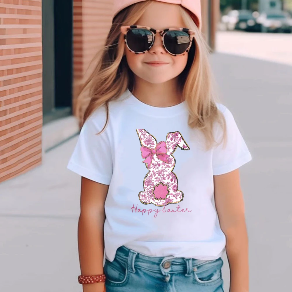 

Милая детская футболка с пасхальным кроликом, розовая, с цветочным принтом и изображением кролика, хлопковая, для девочек, модная, весенне-летняя, повседневная, топ