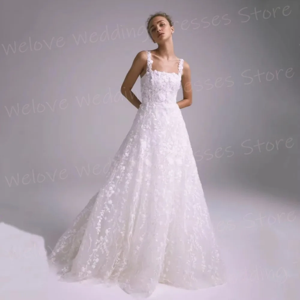 Luxurious A Line Women's Lace Appliques Wedding Dresses Robe De Mariée Customized Spaghetti Straps Bride Gowns Vestido De Novia