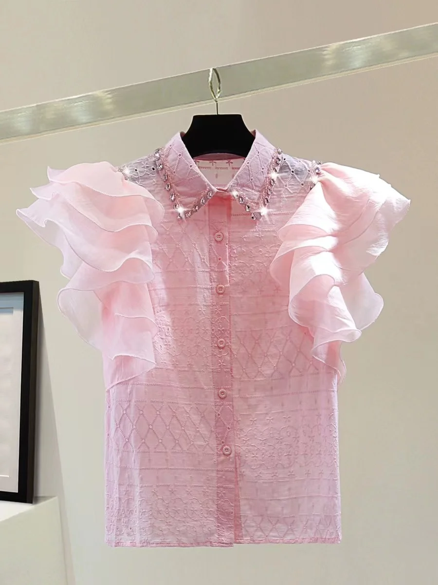 New In 2024 Summer Shirt Short Sleeve Diamonds Stitch Collar Ruffles Pink Shirts Blouses For Women Sweet Tops Blusas