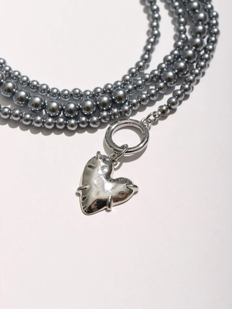 Brass Gray Pearl Heart OT Chain Necklaces Women Jewelry Punk Hiphop Designer Runway Simply Gown Boho Top Japan Korean INS