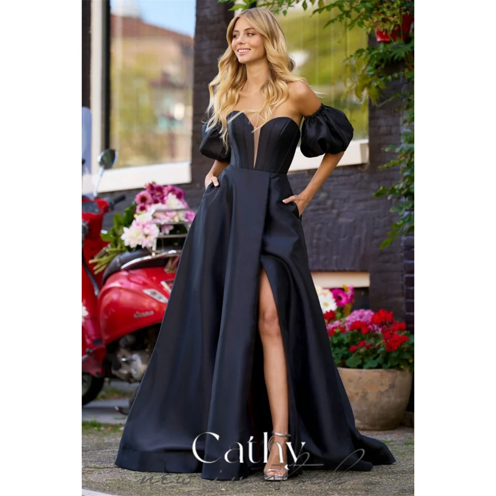 

Cathy Elegant Sweetheart A-line Satin Prom Dress 2024 Side Split Vestidos De Fiesta With Pocket Sexy Satin Tail Eveing Dress