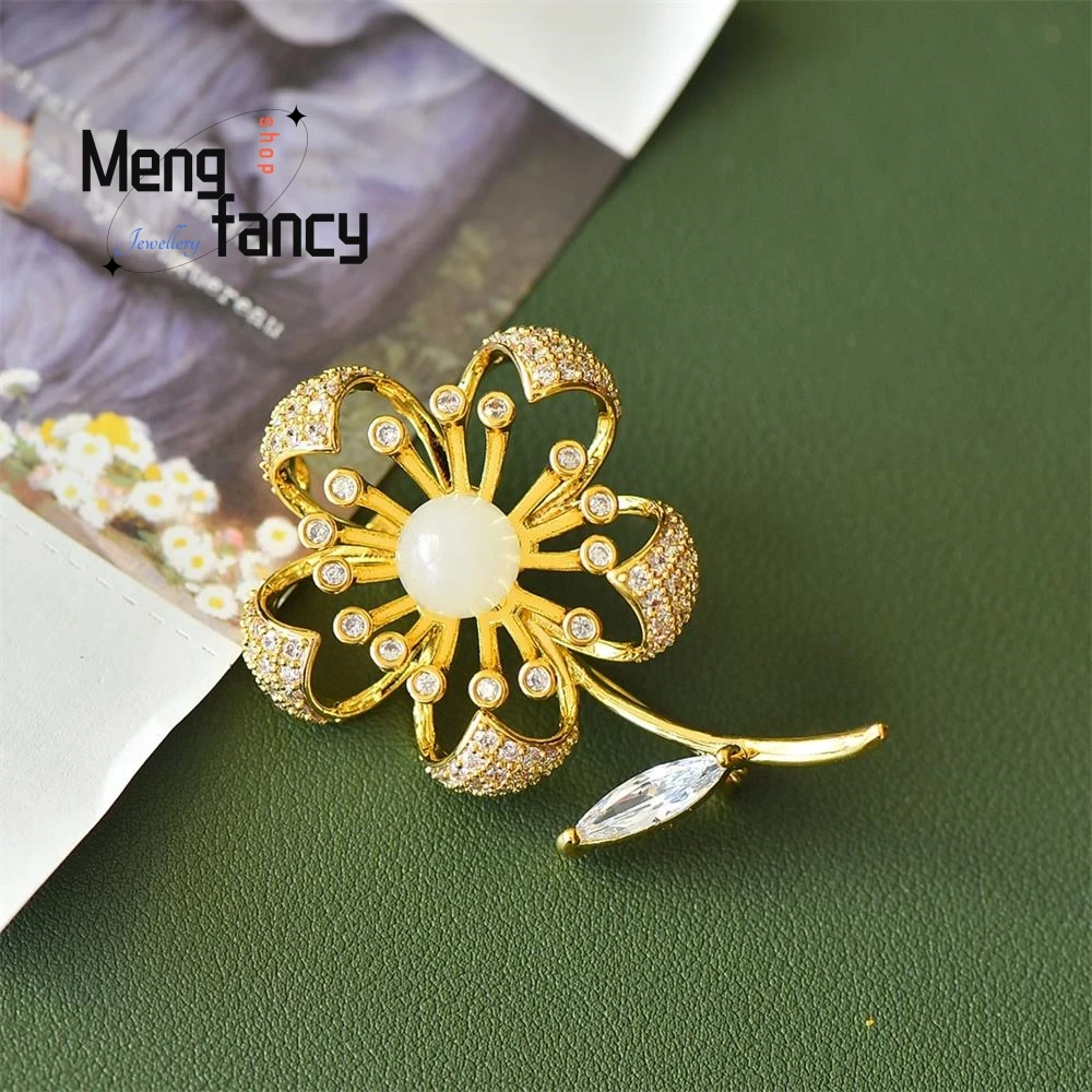 Hetian White Jade Maple leaf Coloured Zirconia Brooch Elegant Exquisite High-grade Fashion Jewelry Sexy Young Girls Holiday Gift