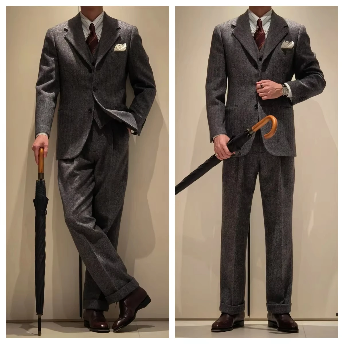 

Retro Herringbone Men's Blazer Suits Autumn Winter Single-breasted 3-piece Set Jacket vest Pant Thick style Formal Tuxedo Coats