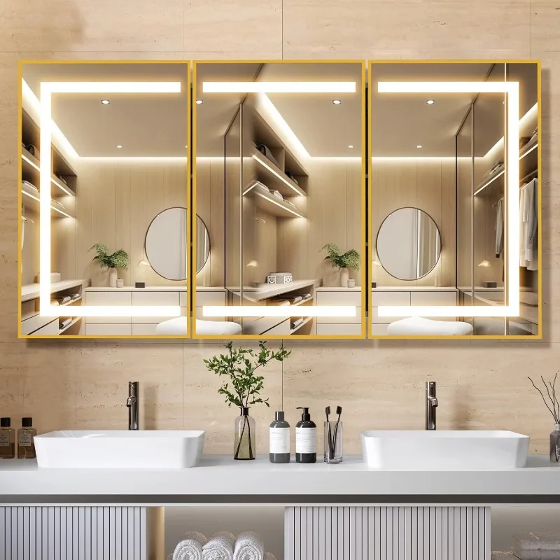 

48X32 Inch Gold Bathroom Medicine Cabinet with Mirror, Recessed or Surface Lighted Medicine Cabinet with 3