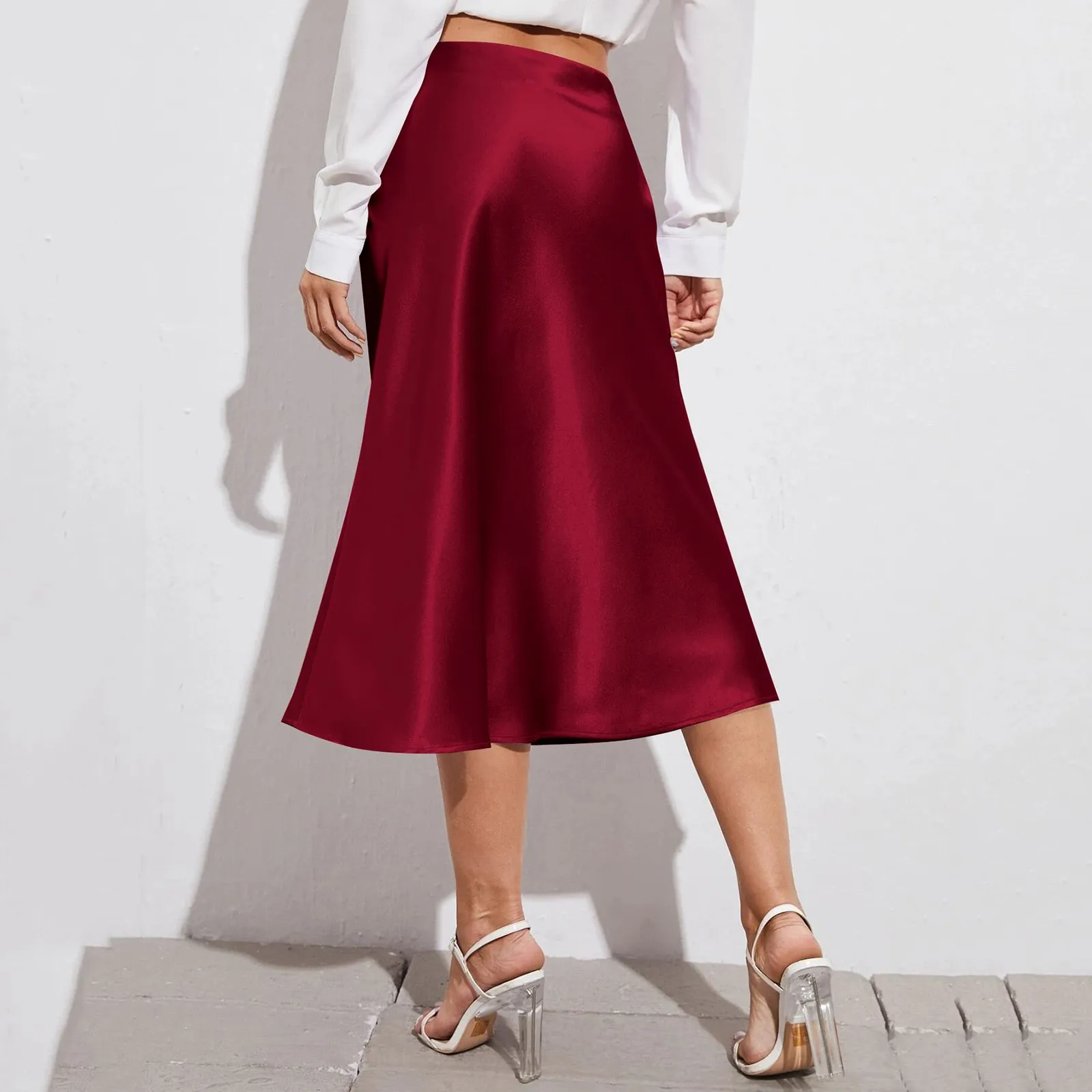 

Silk Satin Skirts for Women High Waisted Skirt 2024 Women A-Line Elegant Skirts Summer Solid Midi Skirt New Korean Style