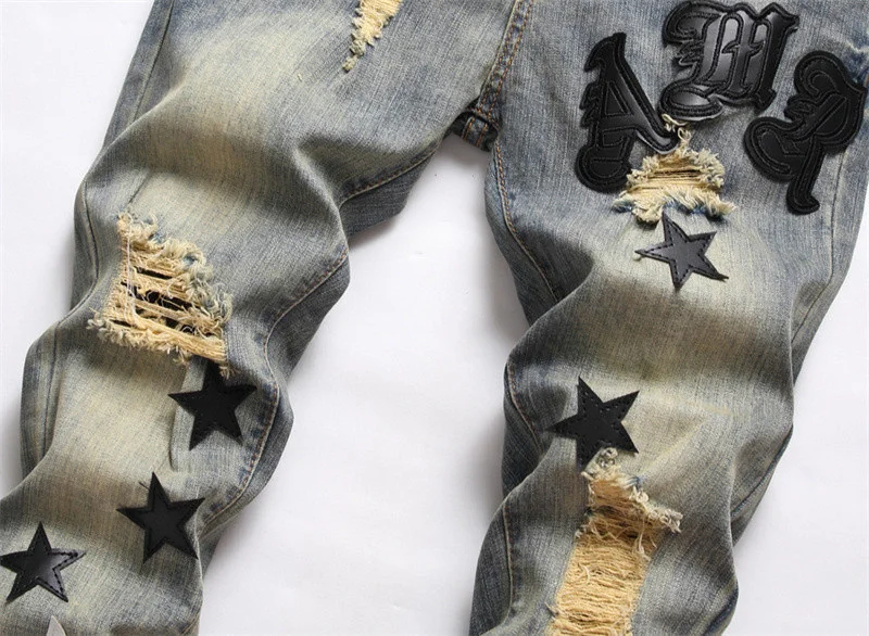 Ripped Jeans Stretch Pencil Pant Streetwear Elastic Hip Hop Star Pattern Jean Hole Patch European Fashion Versatile Men Jean