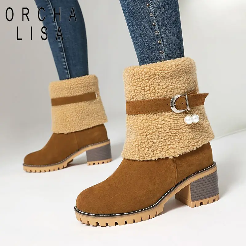

ORCHA LISA 2025 Flock Suede Women's Mid Calf Boots Round Toe 5.5cm Block Heels Slip On Belt Buckle Plus Size 41-43 Daily Bota