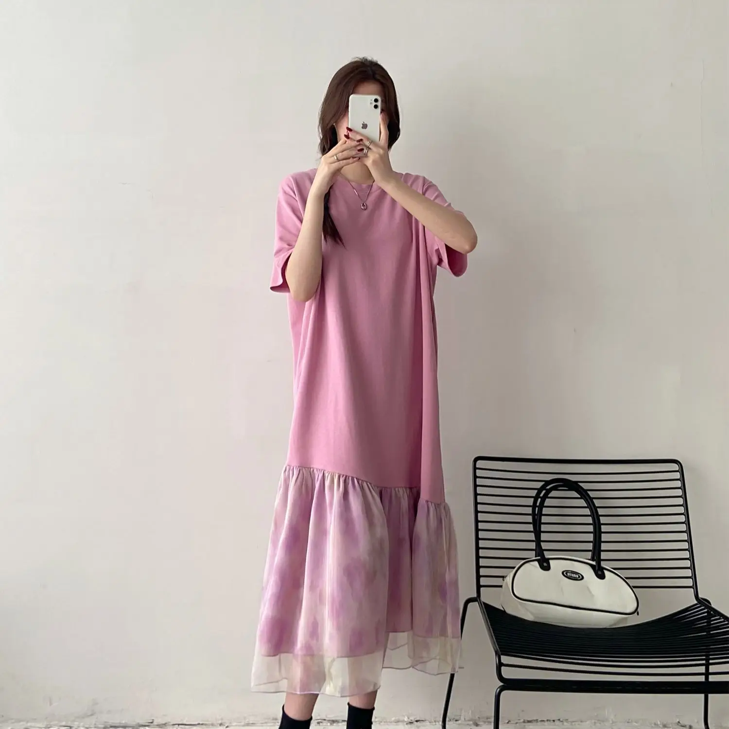 Robes d'été surdimensionnées en Patchwork, ample, assortie avec tout, t-shirt en fil de filet, vêtements pour femmes, robe longue irrégulière simple