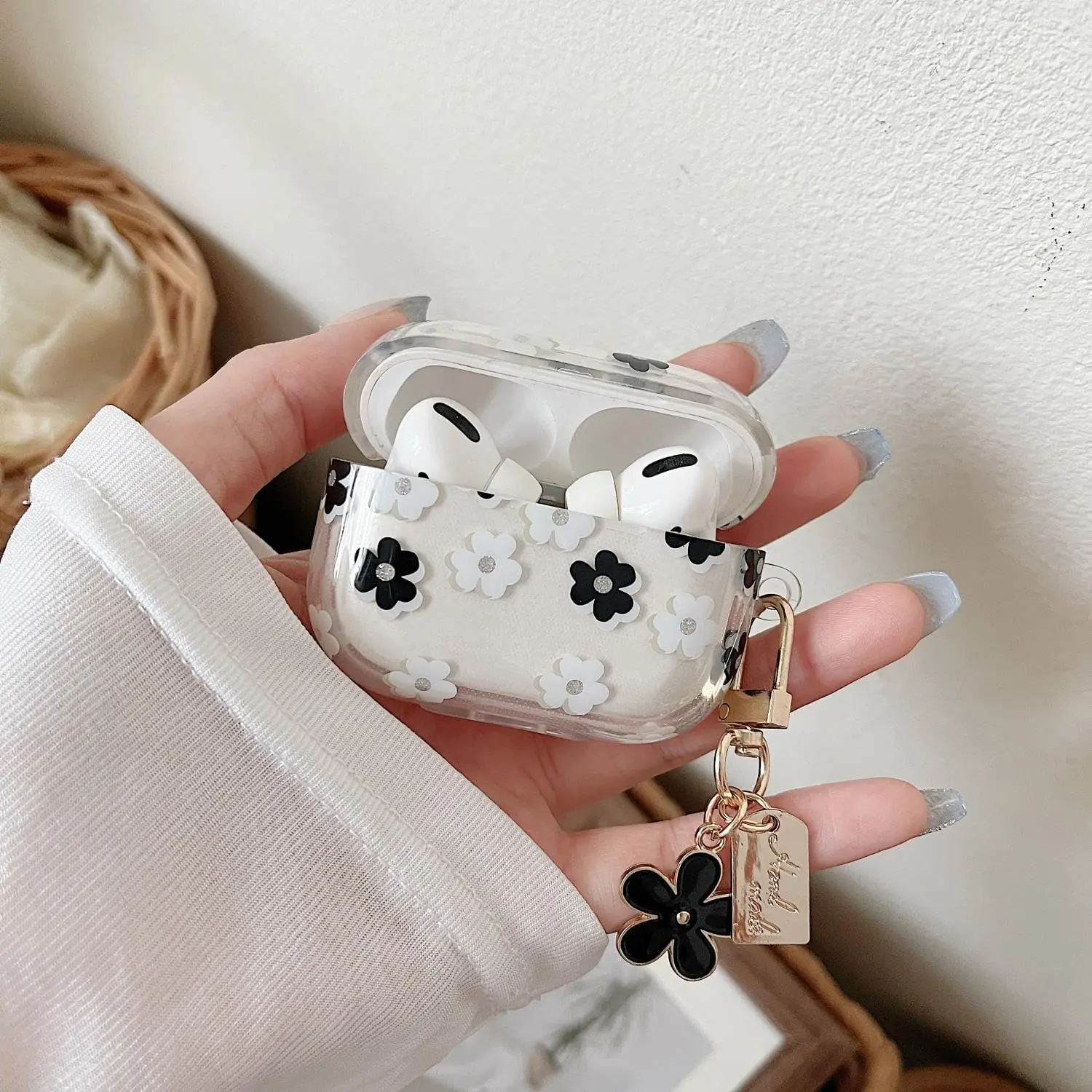 Black Flower For Apple Bluetooth AirPods Pro 2nd Protective Case Transparent Soft Case For Airpods1/2/3 Generation With Keychain