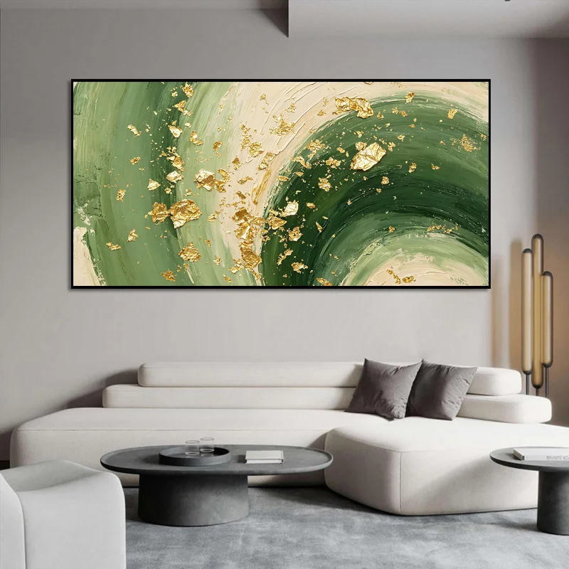 Original Thick Impasto Abstract Oil Painting, Handpainted Emerald Green Gold Foil Relief Art, Large Canvas Wall Hanging