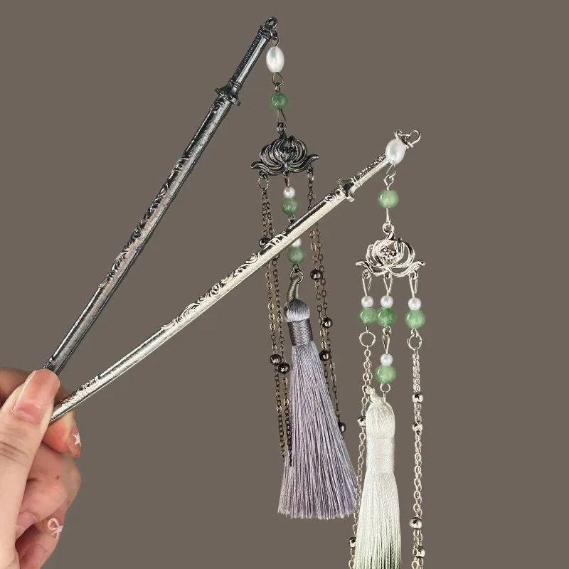 Lotus Tassel Sword Hairpin with High-end Feel New Chinese Style Hair Accessories Hairpin with Ancient Style Coiled Hair Hairpin