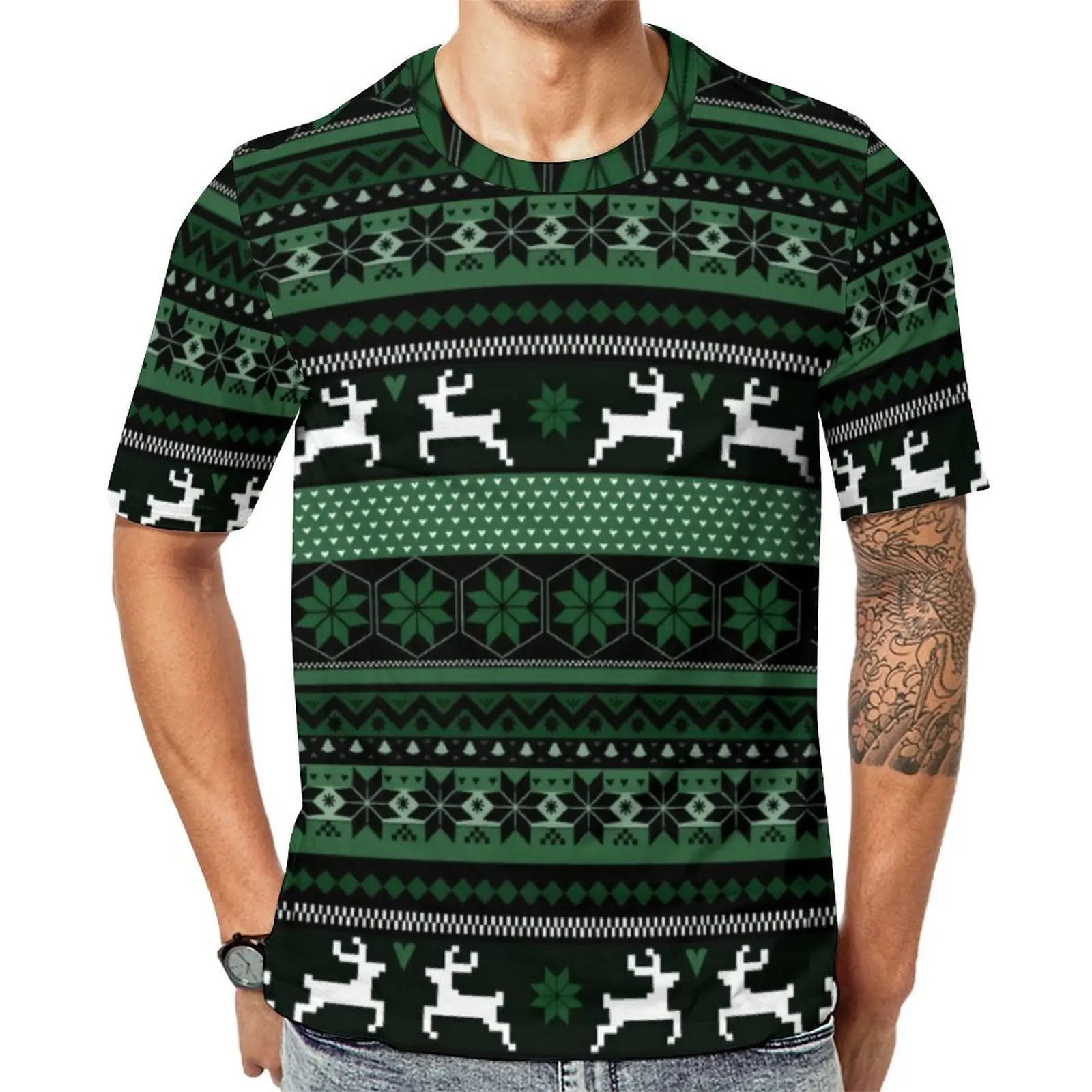 

Summer T Shirt Nordic Christmas Print T-Shirts Green Fair Isle Casual Vintage Tees Men Short Sleeve Pattern Plus Size Clothes