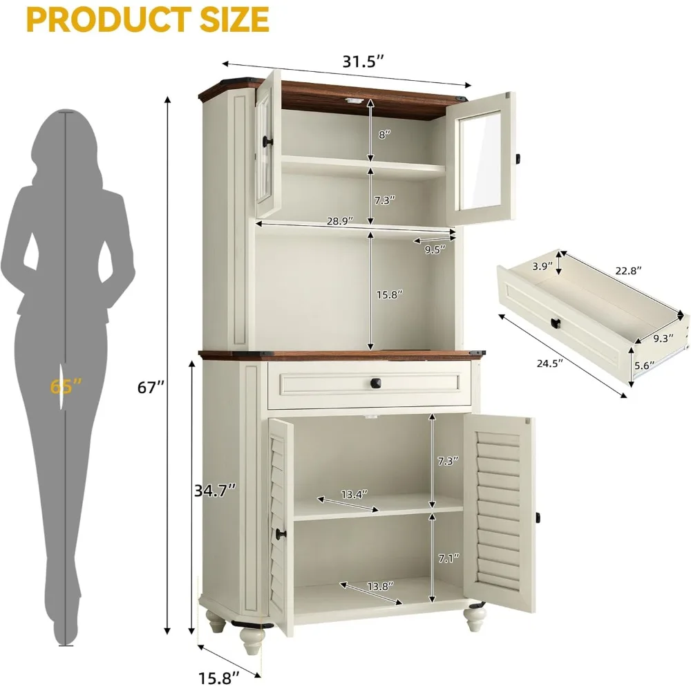 خزانة تخزين مخزن المطبخ مقاس 67 بوصة، وخزانة بوفيه المزرعة مع حامل ميكروويف، وبار قهوة مع أبواب ودرج مصاريع، ومطبخ