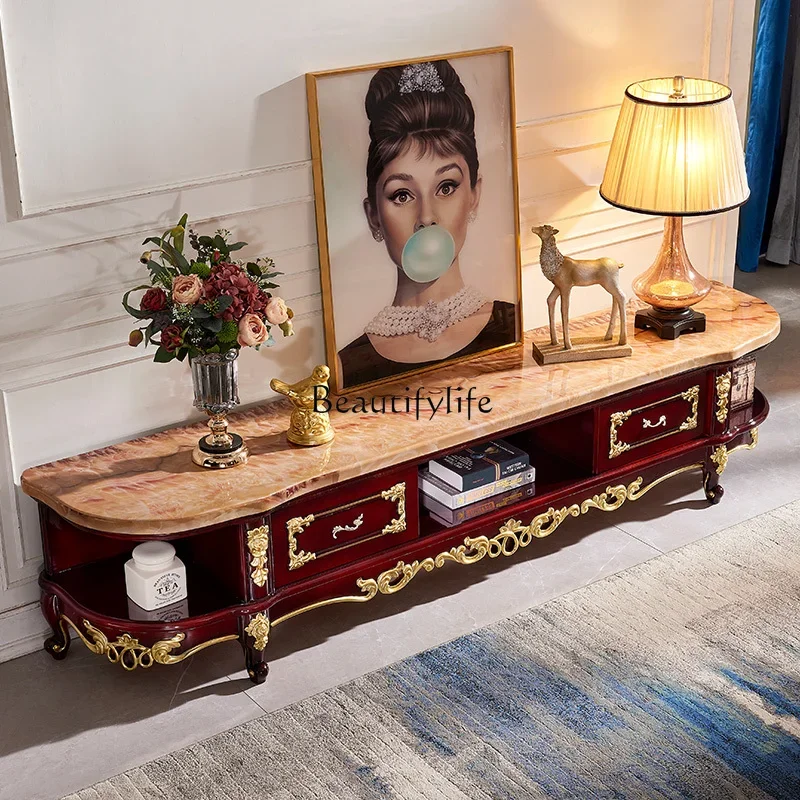 

ls 42European TV cabinet marble bedroom living room solid wood carving flower small apartment curved floor cabinet