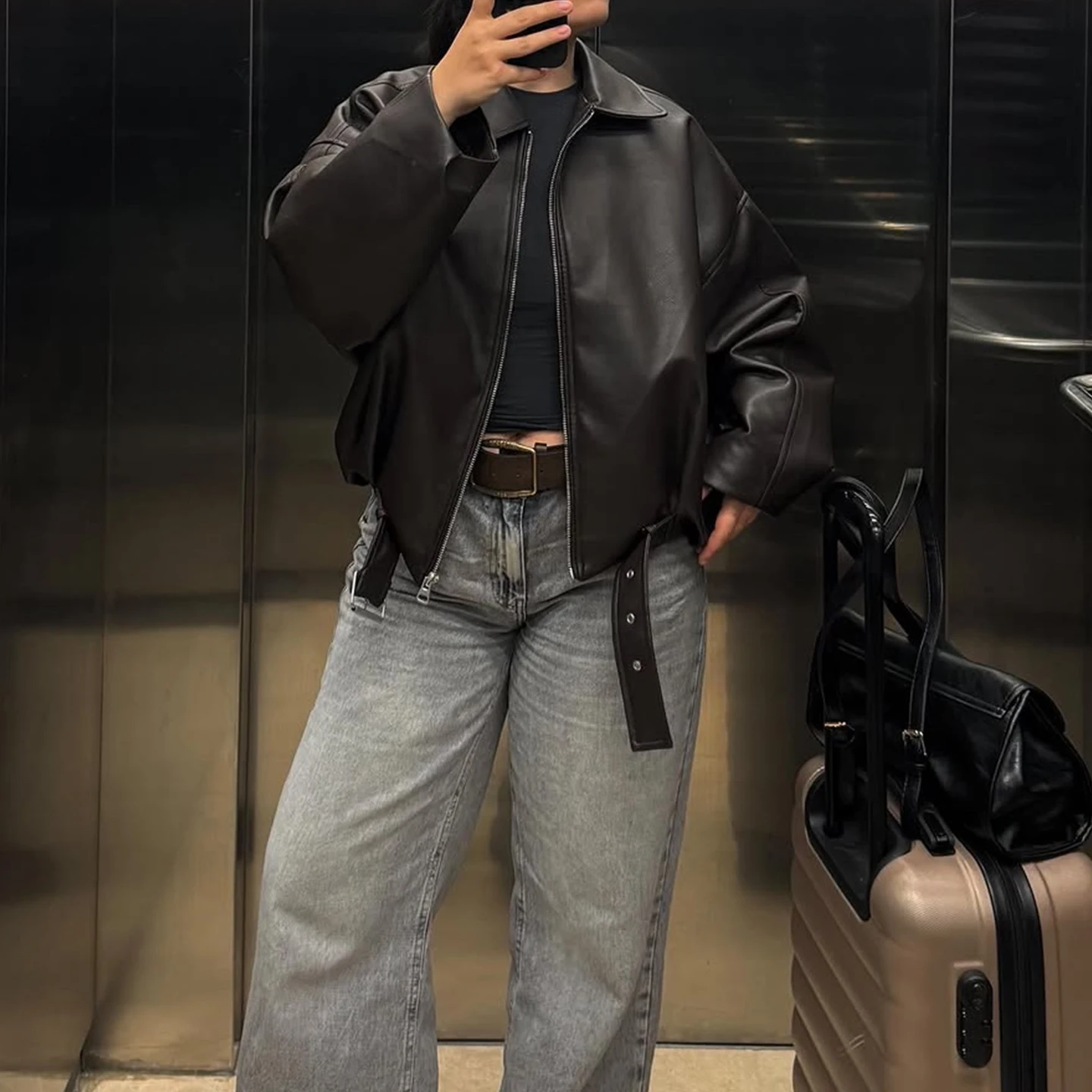 American Sle Long Sve Couro Jaet com Cinto Outono 2025 Novo Feminino Faion Z Commute Sle Zipper Loose Fit