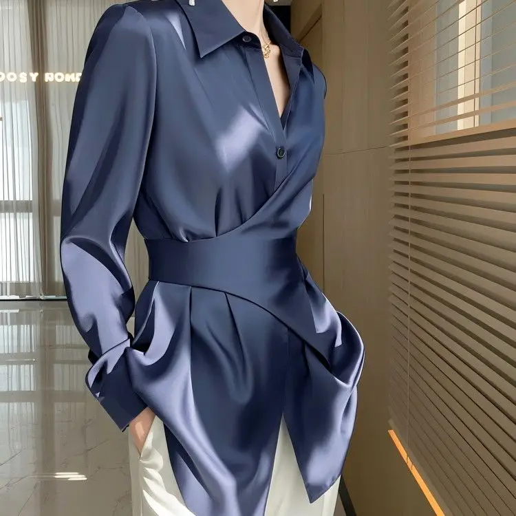 

French cold unique chic small top blue satin waist shirt women's spring and autumn 2025 new
