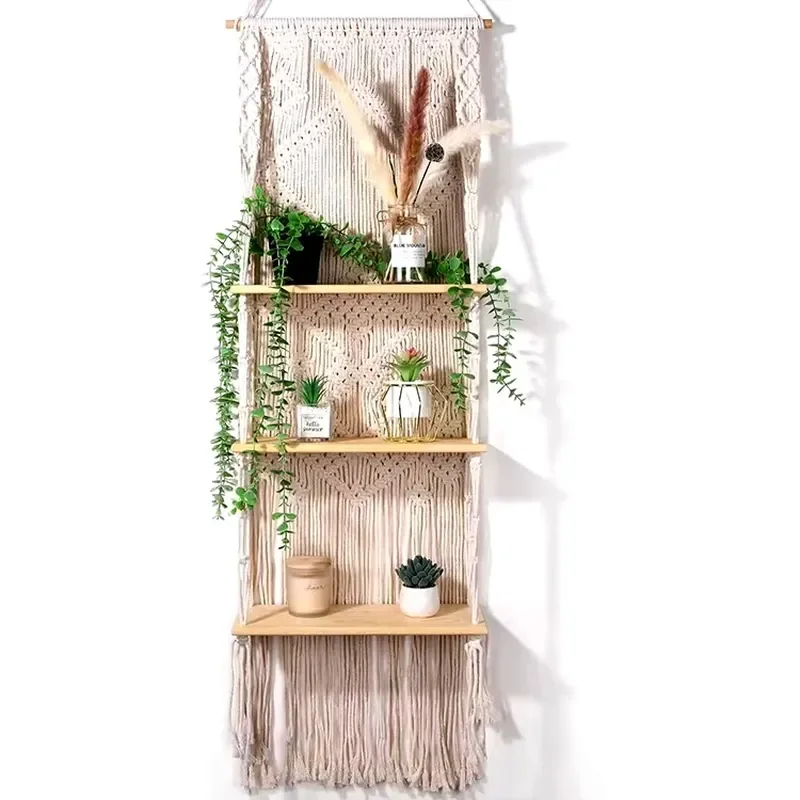 Customizable hand-woven rope wooden plant racks and hangers