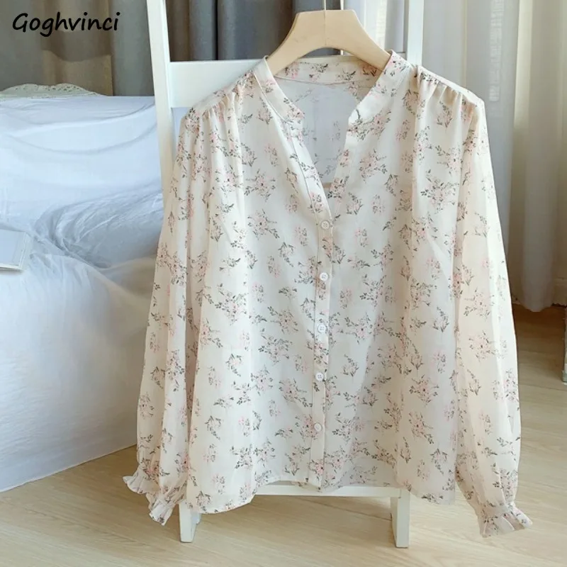 

Flare Sleeve Women Shirt Elegant Korean Fashion Popular All-match Spring Chiffon Floral V-neck Gentle Stylish Daily Temper Chic