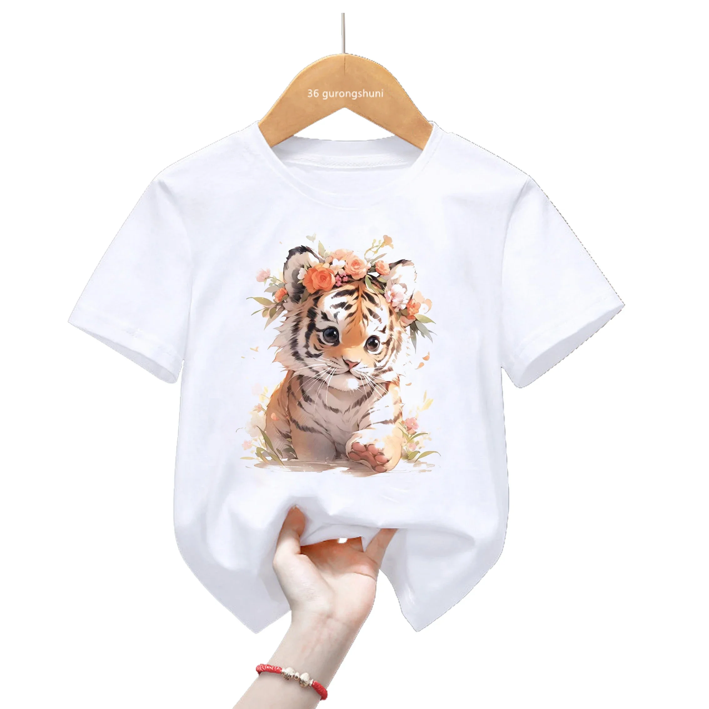 2024 Kawaii Little Tiger Animal Print Tshirt For Girls/Boys Funny Kids Clothes Summer Fashion Tops Tee Pink/Yellow Shirt Femme