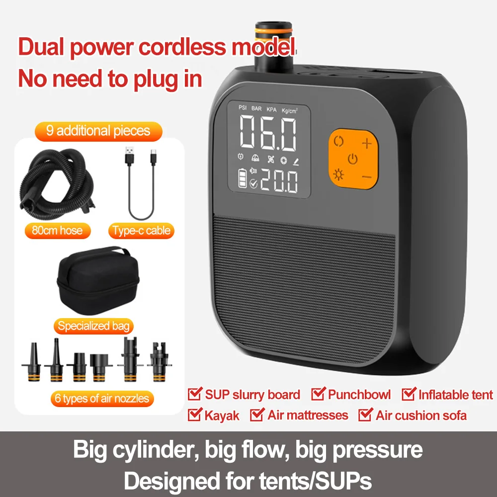 

Portable Electric Air Pump, 80W Wireless SUP Pump, Rechargeable 8000mAh Battery Paddle Board Pump, LED Lighting, For Inflatables