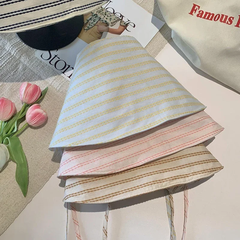 여성용 스트링 접이식 챙 넓은 버킷햇, 한국 스트라이프 패턴 여성 파나마 밥 야외 해변 낚시꾼 모자