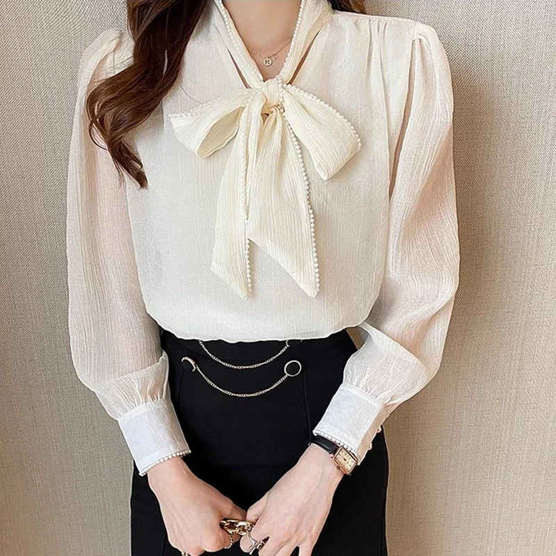 Women Chiffon Office Shirts Autumn Winter Bow Neck Korean Fashion Clothes Causal Camisas Elegant Long Sleeve Ladies Tops Blouses