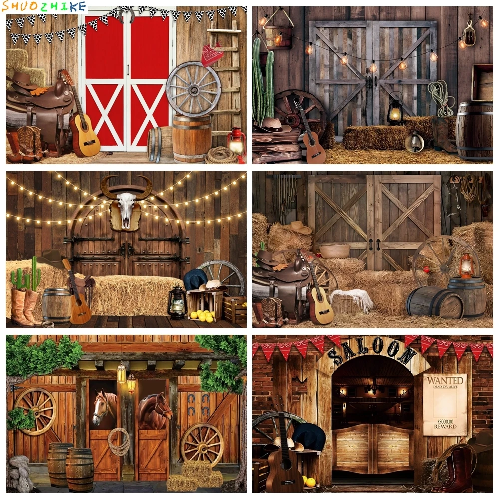 

Western Cowboy Backdrop for Birthday Party Wild West Rustic Farm Barn Wooden House Kids Baby Portrait Photography Background