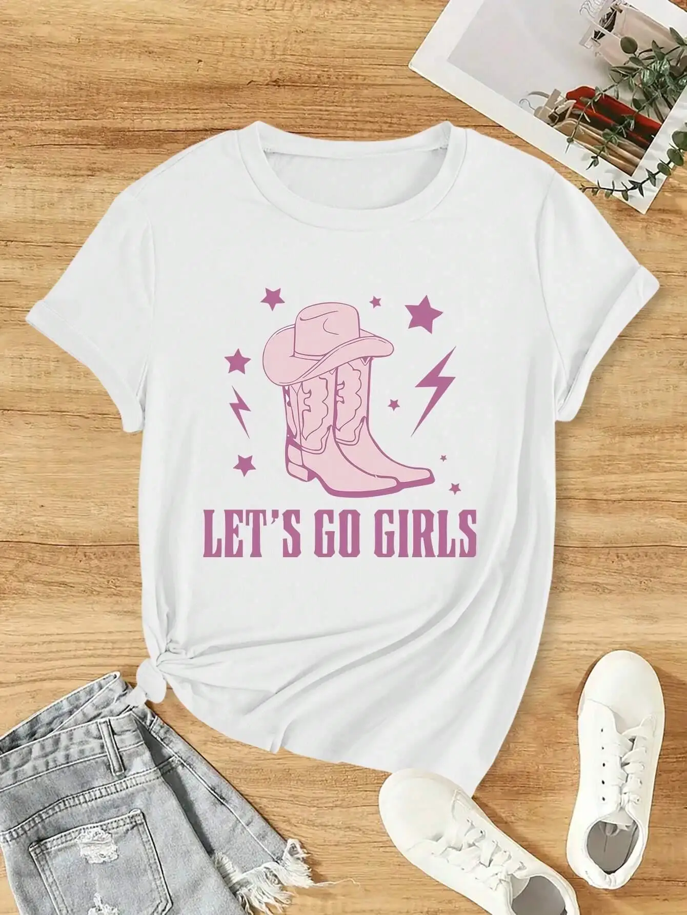 Women T-Shirt Vintage Cowboy Let'S Go Girls Printing Short Sleeve Teessummer Street Fashion Tops O-Neck Loose Female Clothes