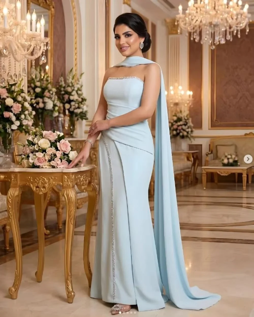 

Sky Blue Chiffon Long Bespoke Occasion Gown Evening Dresses Pastrol Unisex Jersey Retro Dubai Saudi Arabic Prom Customized