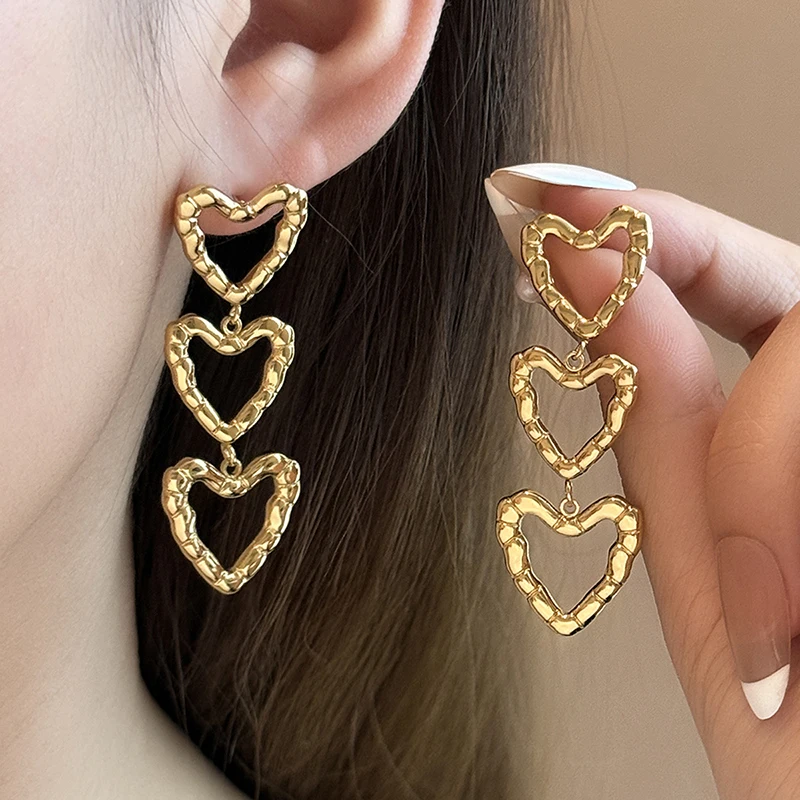 ANENJERY 316L Stainless Steel Geometric Heart Tassel Chain Drop Earrings for Women Elegant Simple Non-tarnish Jewelry Wholesale