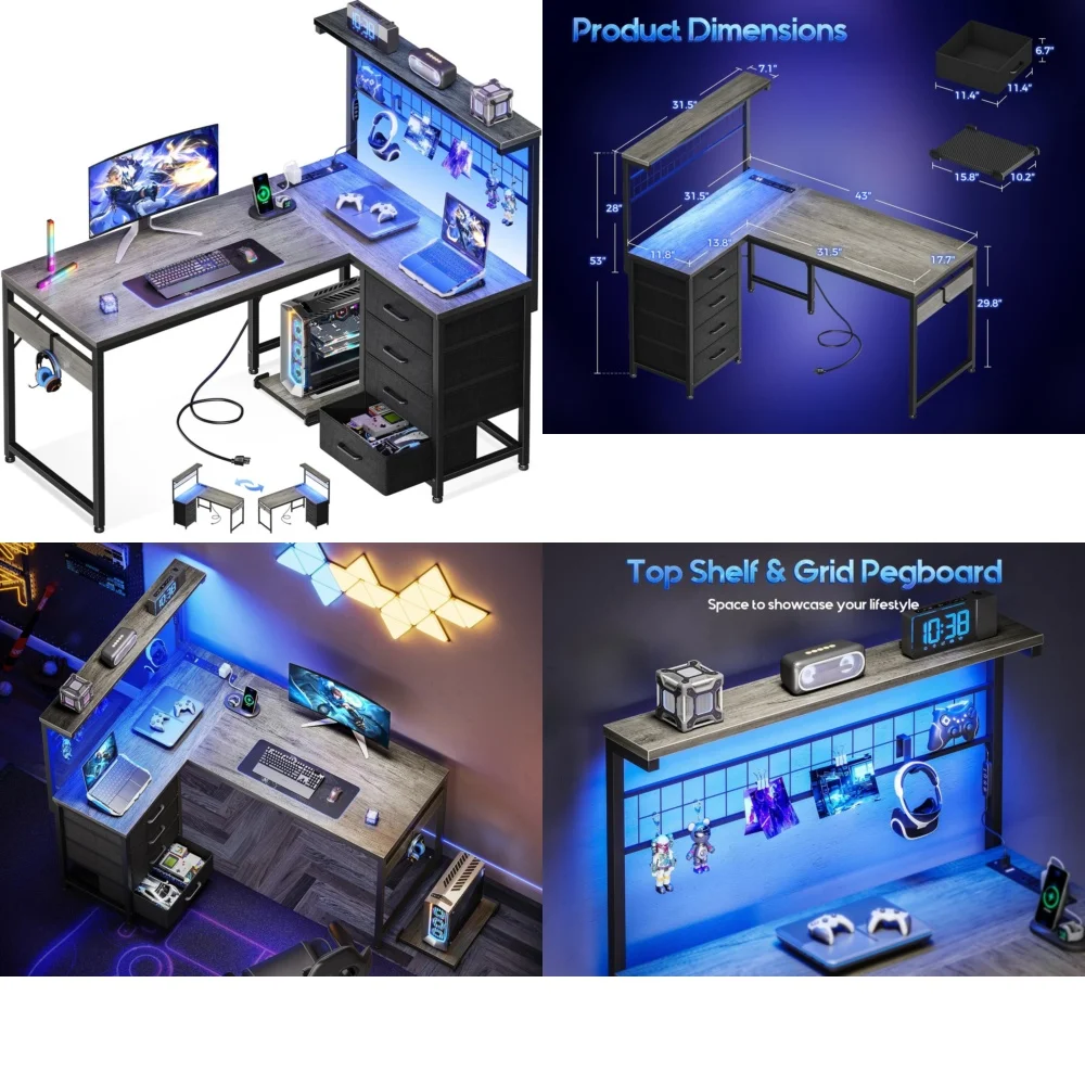 

Computer desksL Shaped Gaming Desk with LED Lights and Hooks for Home Office Computer Table Dual Monitor Stand Ergonomic Writing