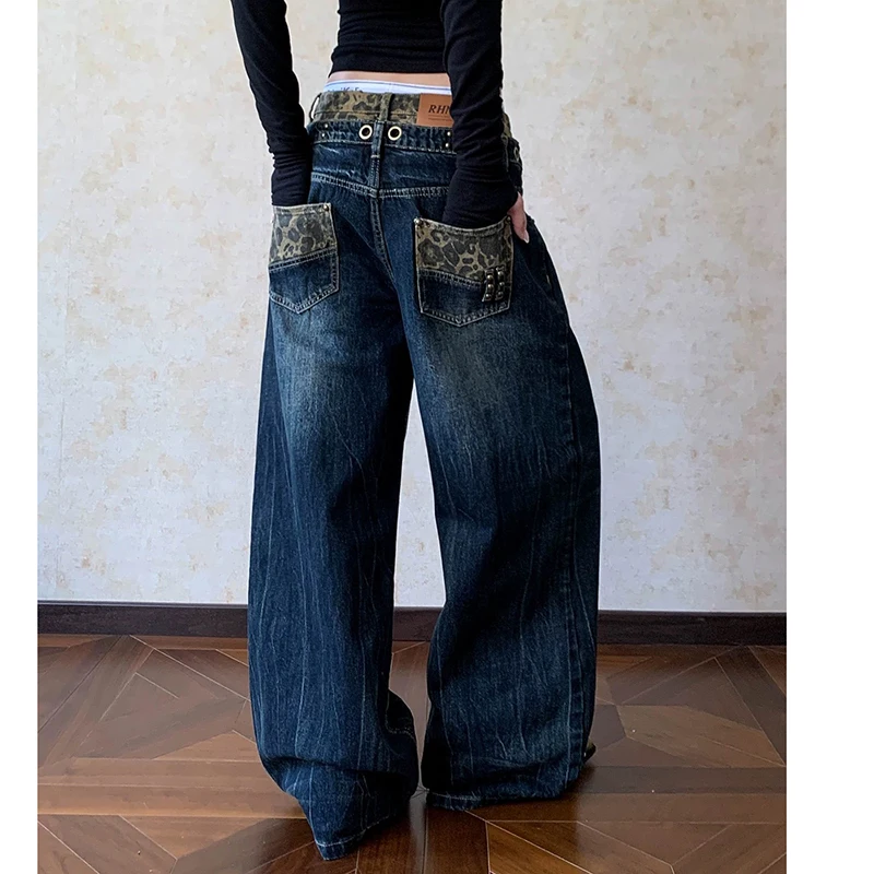 American Style Distressed Leopard Jeans Women Vintage Rivet Double-waist Wide Leg Denim Pants Casual Y2K Streetwear Trousers