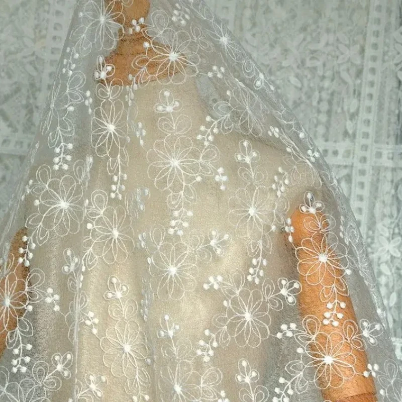 

White Lace Cloth Embroidery Soft Gauze Mesh Fabric For Tablecloth Clothing Skirt Wedding Dress Photo Background Cloth