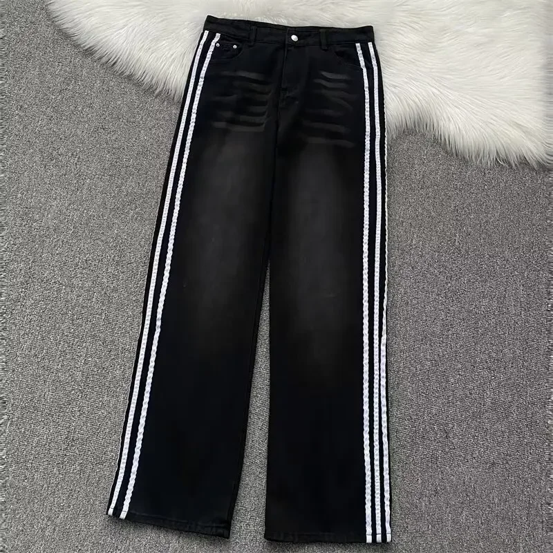 American Style High Street Vibe Striped Jeans Men Women's Trendy Brand Straight Leg Loose Fit Casual Pants Wide Leg Trousers