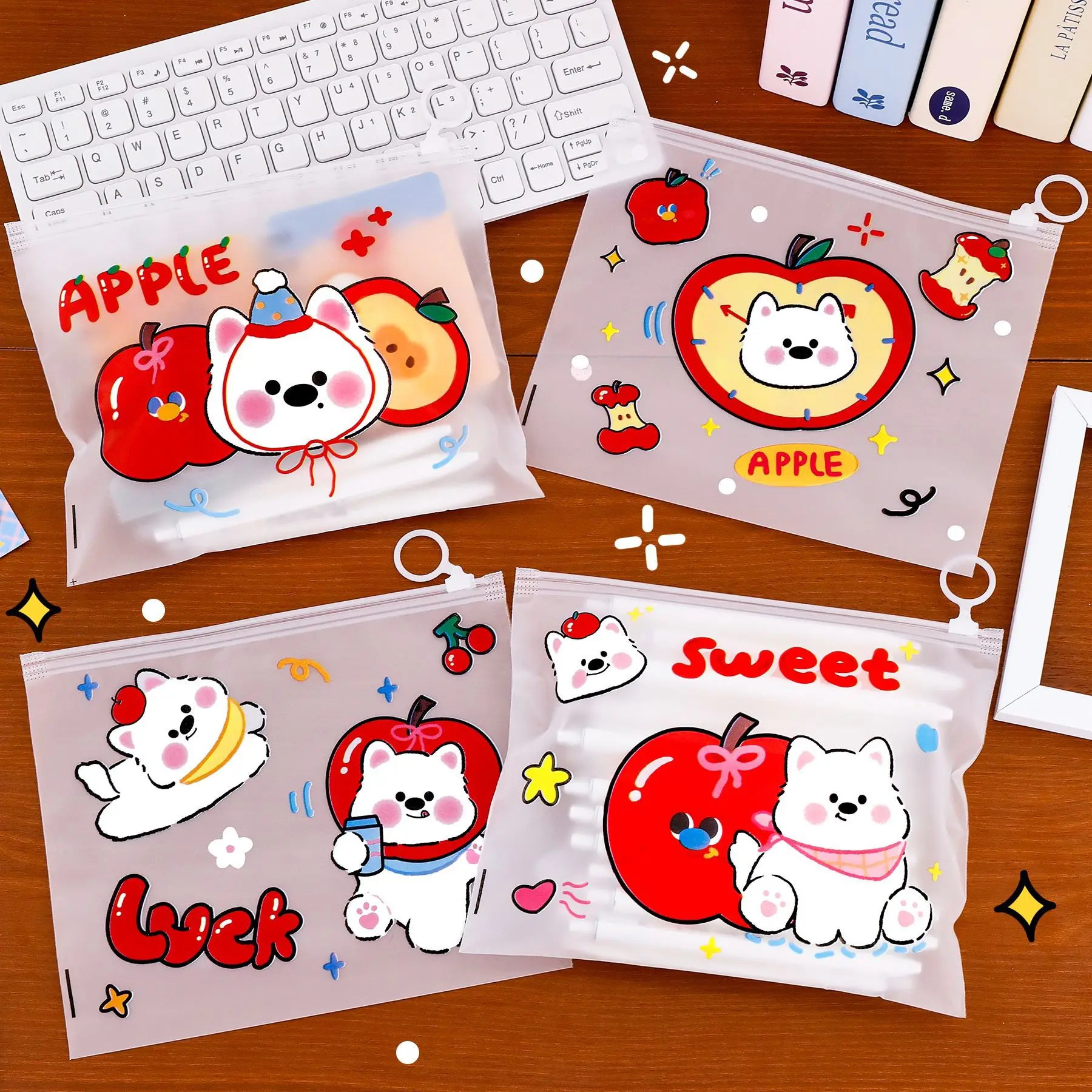 

12 Pcs Cute Apple West Highland Ring File Folders Large Capacity Stationery Storage Bag Cartoon Transparent Waterproof Zipper