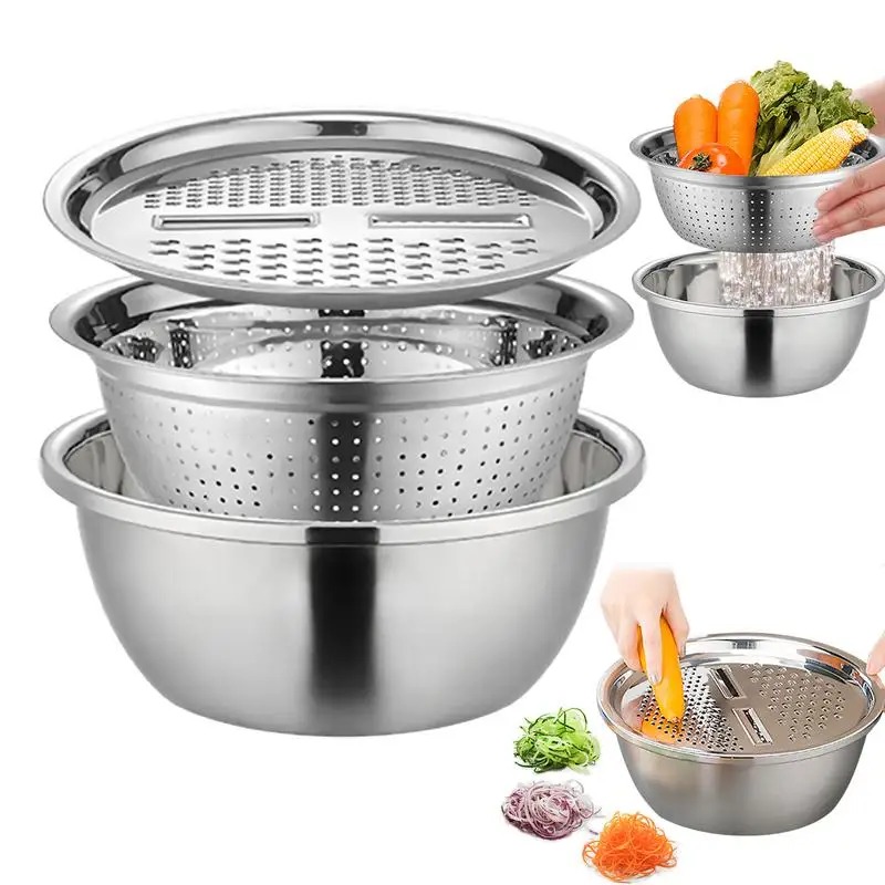 

German Stainless Steel Basin Multifunctional Basin Grater Strainer Grater Bowl 3 In 1 Colanders Basin Mixing Bowl Set With Drain