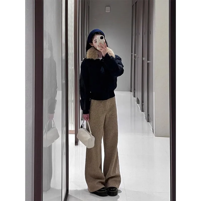 RORORIRI Khaki High Waisted Trousers for Fall Winter Office Lady Suit Pants Straight Leg Casual Pants Floor Length Solid Slacks