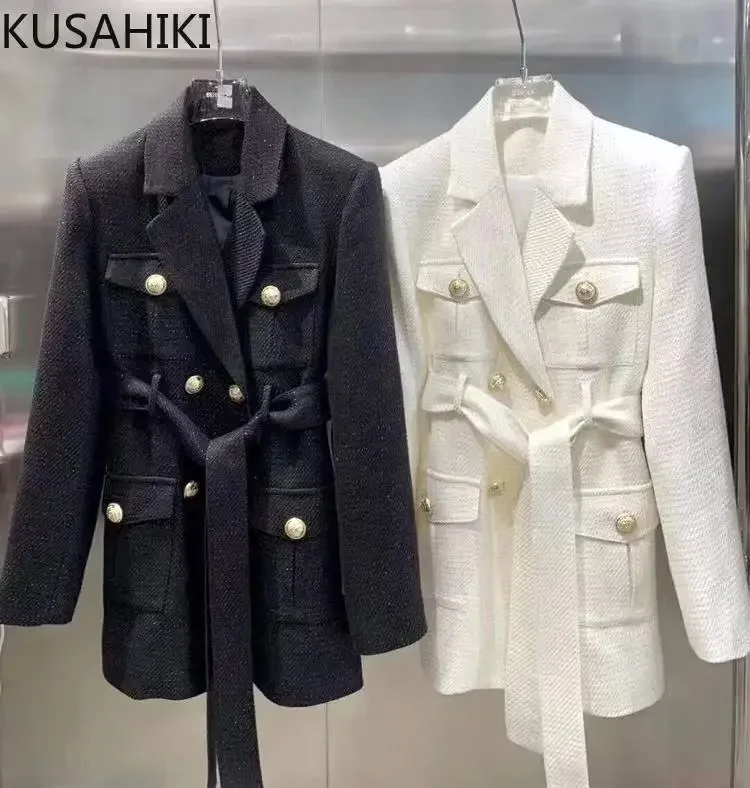 KUSAHIKI Korean Blazer Coat Women Medium-long Autumn 2023 New Suit Jacket Belt Slim Waist Double Breasted Blazers Feminima