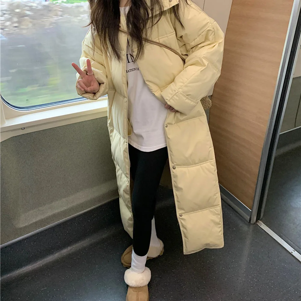 2024 New Cream Cotton Women's Winter Jacket Long Sleeve Stand Neck Lazy Style Puff Coat Female Casual Long Warm Padded Outwear