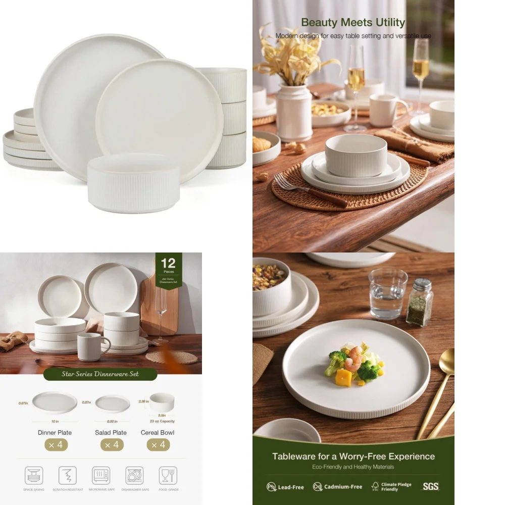 

Набор керамической посуды Набор посуды в рубчик из 12 предметов для 4 современных тарелок и мисок Стильная керамическая посуда идеально подходит для повседневного использования