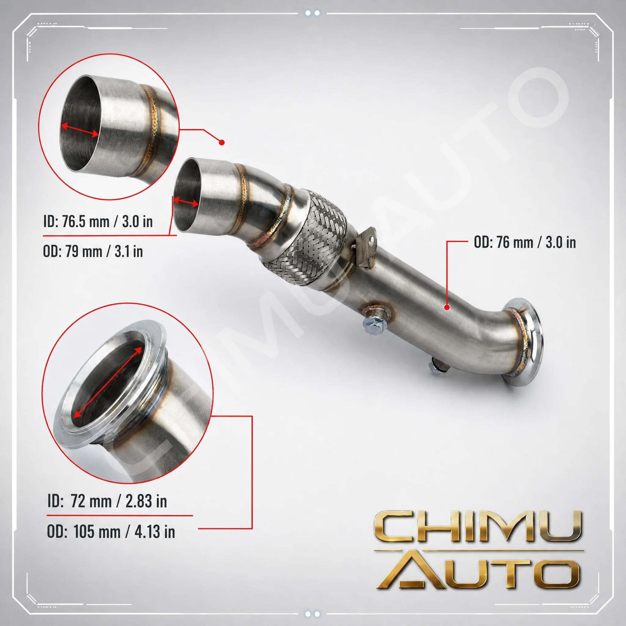 【CHIMU AUTO】N55 Downpipe 201 Stainless Steel Exhaust Pipe for BMW 535i 535xi 640i 740i X5 X6 — Verify Flange Type