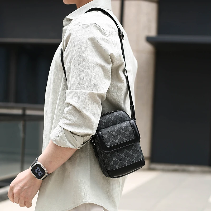 

Men's Fashion Monogram Mini Crossbody Bag PU Leather Sling Purse Multiple Pockets, Casual Shoulder Bag for Travel and Daily Use