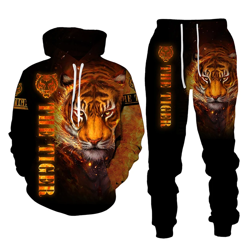 

The Tiger 3D Printed Men's Hooded Sweatshirt Set Pants Men's Sportswear Tracksuit Long Sleeve Autumn Winter Men's Clothing Suit