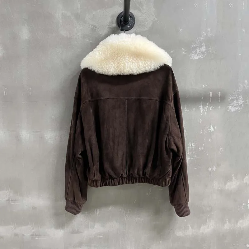 Short down jacket Suede leather women coat winter thick warm big real sheep wool collar clothes high quality