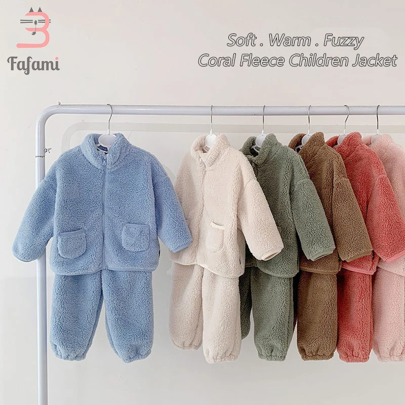 Warm Fuzzy Kids Clothes Girls Zipper Fleece Jacket & Pant Lightweight Outdoor Casual Coat With Pockets Winter Baby Boy Clothing