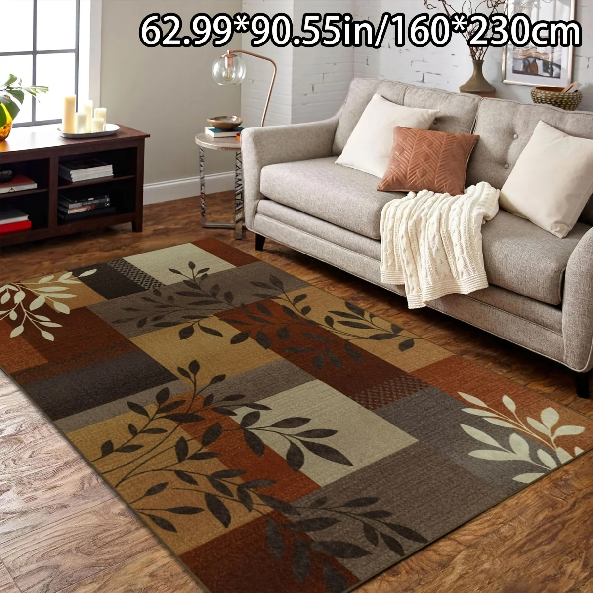 VIKAMA Geometric Patchwork Leaf Area Rug,Non‑Slip Large Living‑Room Mat,Earthy‑Tone Branch Print Carpet for Indoor Home Decor