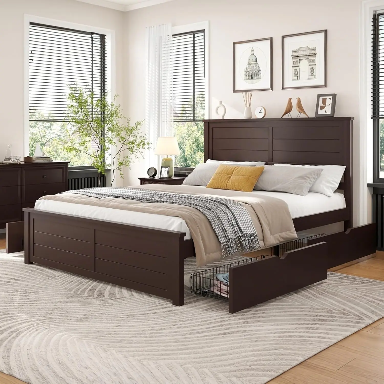 Estructura de cama completa con 4 cajones de almacenamiento y cabecera, base de colchón con plataforma de madera con listones de madera, no necesita somier