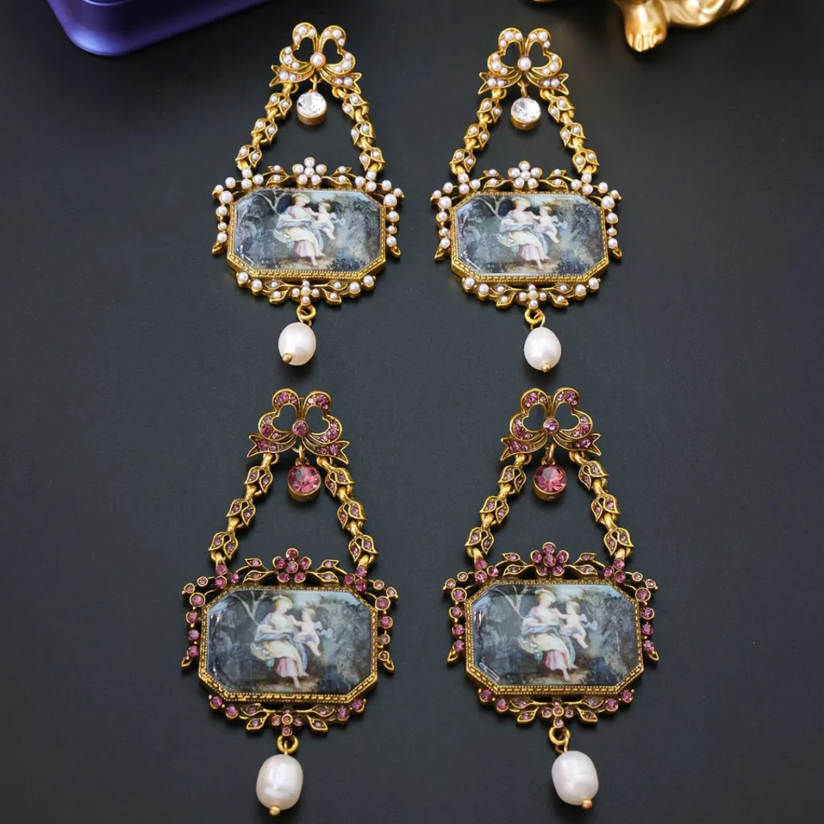 

Винтажные серьги-бантики с эмалью, ажурные, с пресноводным жемчугом, в королевском стиле, висячие, для женщин